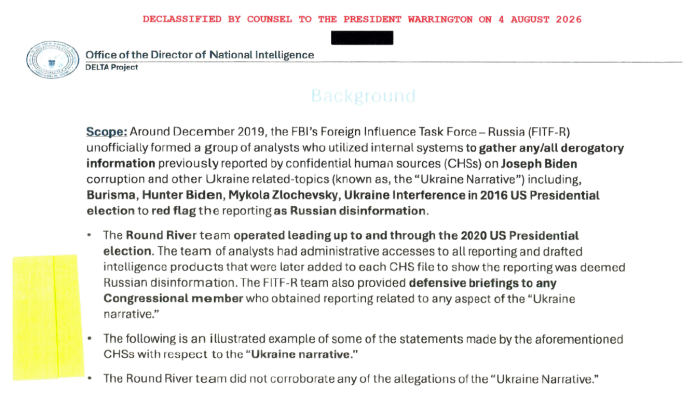 An operational summary from the Office of the Director of National Intelligence on Round River, a secret FBI counterintelligence operation intended to dismiss Biden family collusion claims as Russian disinformation. (White House Government Transparency Task Force)