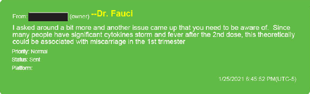 Fauci worried that the COVID-19 vaccine might lead to a miscarriage in the first trimester, according to a text dated on Jan. 25, 2021. (U.S. Senate Committee on Homeland Security and Governmental Affairs)