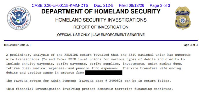 Homeland Security obtained the financial records of SEIU’s transactions from 2023 to 2026. (United States v. Sant)