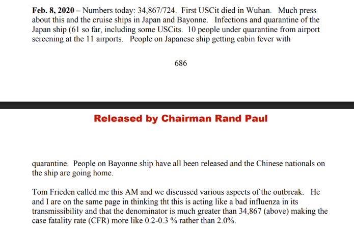 Fauci wrote in his diary after speaking over the phone with Dr. Tom Frieden on Feb. 8, 2020, that they agreed the real case fatality rate of COVID-19 was “more like 0.2-0.3% rather than 2.0%. ” (U.S. Senate Committee on Homeland Security and Governmental Affairs)