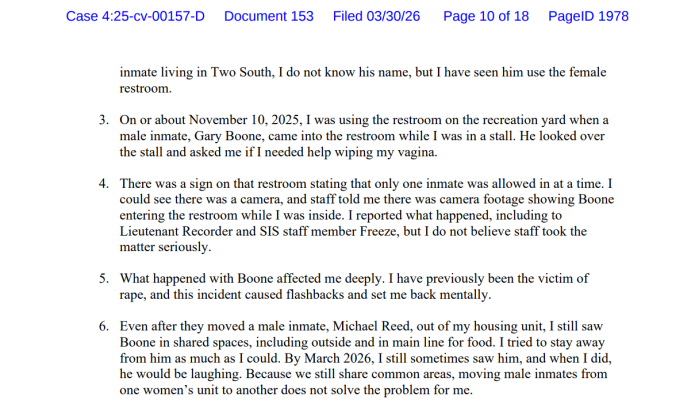 The women filed declarations, alleging sexual abuse at the hands of several male inmates at FMC Carswell, in the Fleming case. (Fleming v. Warden T. Rule)
