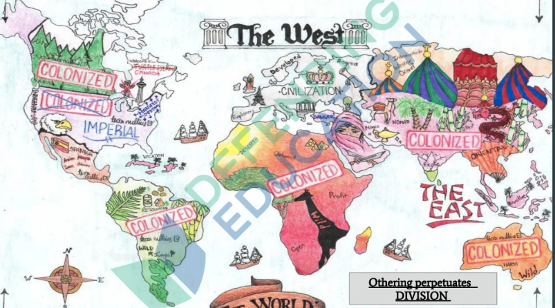 One unit slide depicts a map of the world, with Western countries labeled as “imperial colonizers.” (Defending Education)