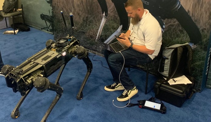 A Ghost Robotics dog models at the Border Security Expo in El Paso, Texas, in March 2022. (Anna Giaritelli/Washington Examiner)
