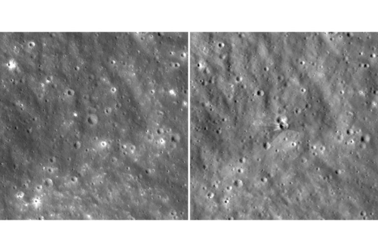 2 of 3 | This combo made with photos provided by NASA on Tuesday, Aug. 18, 2026, taken by the Lunar Reconnaissance Orbiter, shows before, left, and after images of a fresh crater on the moon created by a collision with a SpaceX rocket. (NASA via AP)
