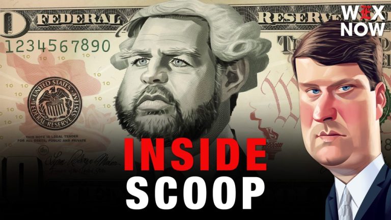 "Inside Scoop" words are seen on the screen in front of JD Vance in a Founding Father wig.