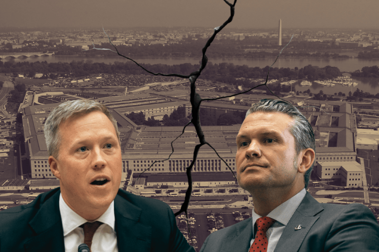 Graphic of Dan Driscoll and Pete Hegseth with the Pentagon as the background cracked in half