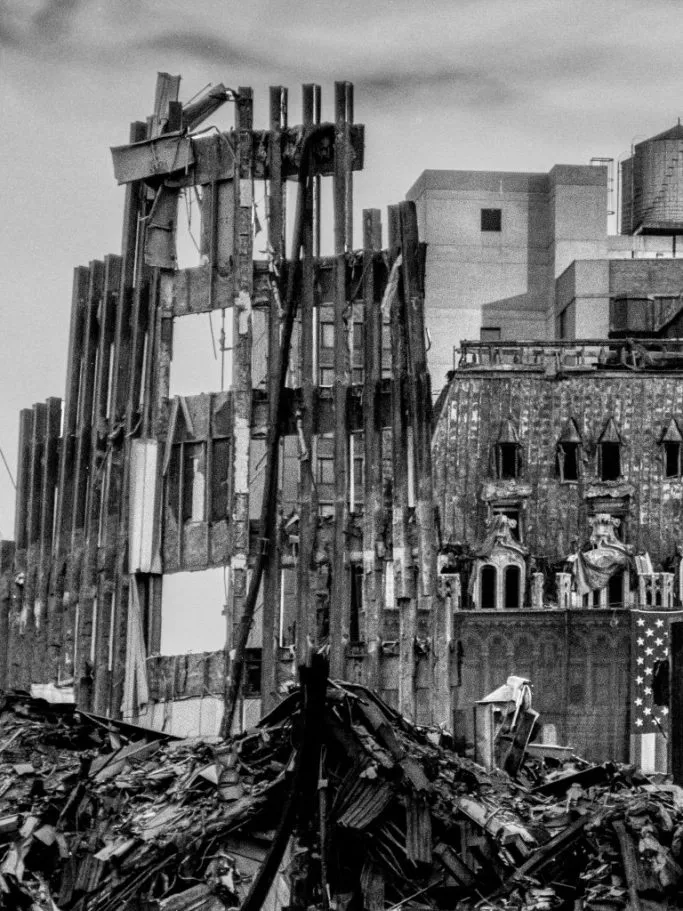 A view of the rubble at the site of the World Trade Center following the 9/11 terrorist attacks.