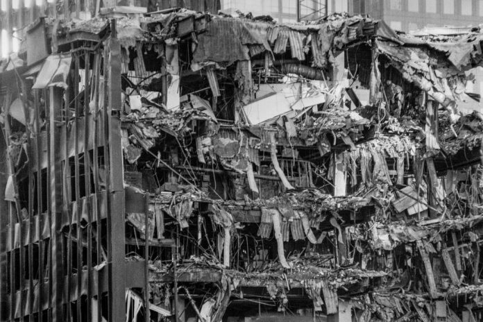 A view of the rubble at the site of the World Trade Center following the 9/11 terrorist attacks.