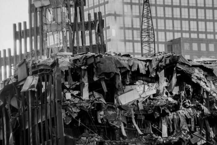 A view of the rubble at the site of the World Trade Center following the 9/11 terrorist attacks.