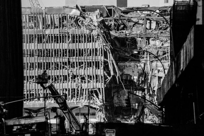 A view of the rubble at the site of the World Trade Center following the 9/11 terrorist attacks.