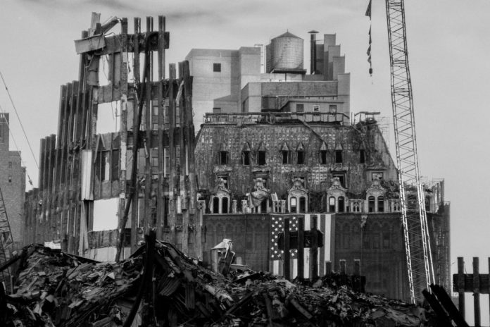 A view of the rubble at the site of the World Trade Center following the 9/11 terrorist attacks.