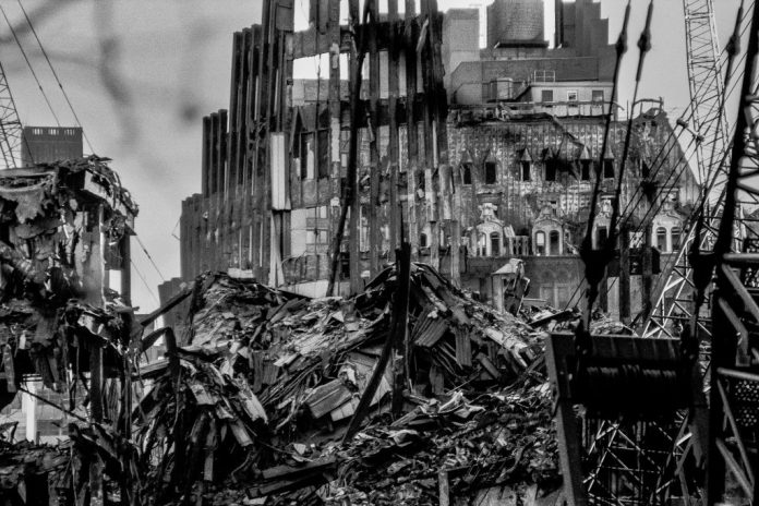 A view of the rubble at the site of the World Trade Center following the 9/11 terrorist attacks.