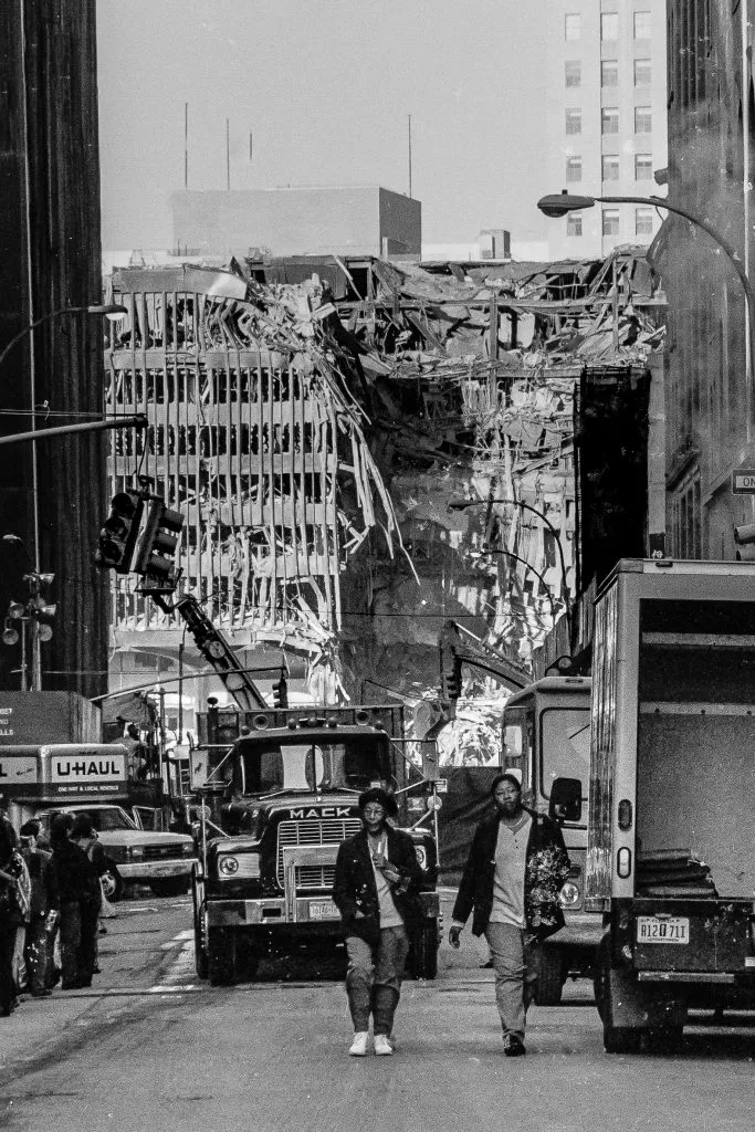 A view of the rubble at the site of the World Trade Center following the 9/11 terrorist attacks.