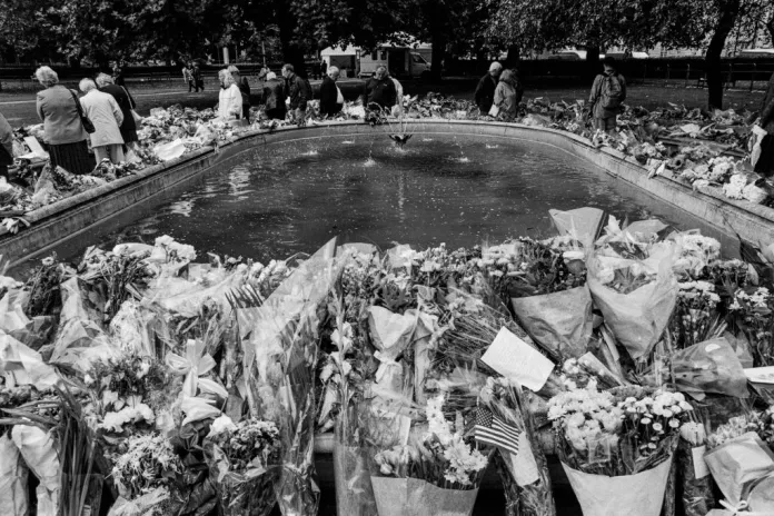 Flowers and notes are left at a shrine dedicated to the victims of the 9/11 terrorist attacks near the World Trade Center site in New York City.