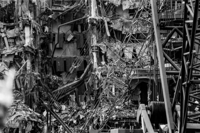 A view of the rubble at the site of the World Trade Center following the 9/11 terrorist attacks.