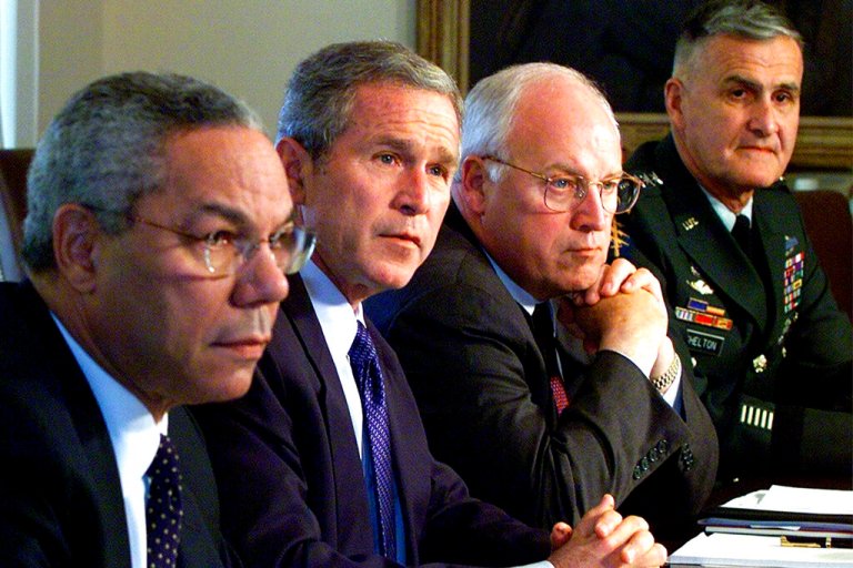 FILE - In this Wednesday, Sept. 12, 2001 file photo, from left, Secretary of State Colin Powell, President George W. Bush, Vice President Dick Cheney and Chairman of the Joint Chiefs of Staff Gen. Henry Shelton attend a meeting with the National Security Council in the Cabinet Room of the White House. While the Secret Service played “hide the president” with Bush on Sept. 11 — he was shuttled to military bases in Louisiana and Nebraska, for fear of terrorist attacks — his vice president hunkered down in a “secure, undisclosed location,” a bunker inside the White House where he helped direct the government’s actions.