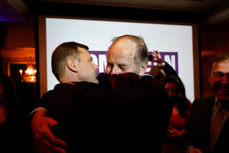 Tom Kean Jr., GOP candidate for New Jersey’s 7th Congressional District, hugs his father Tom Kean Sr.