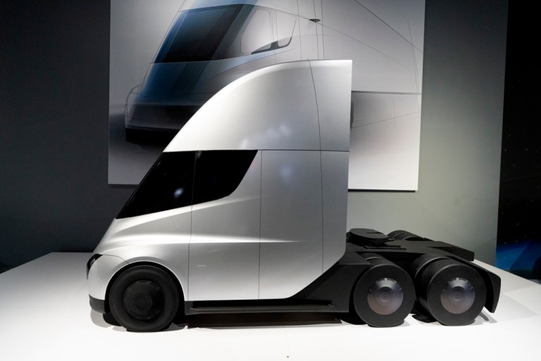 A 40-percent scale model of a Tesla battery electric Semi is seen on display at the Petersen Automotive Museum in Los Angeles on Thursday Dec. 21, 2023. Three of the first-ever built Tesla Cybertrucks are now on display at the museum as part of "Inside Tesla: Supercharging the Electric Revolution." Gathering the most comprehensive collection of Tesla products to date, the exhibit features everything from early concept vehicles to rarely seen prototypes and world-record-breaking production vehicles. (AP Photo/Richard Vogel)
