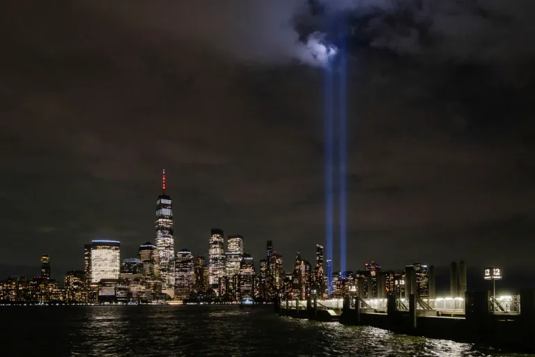 Twin beams of light commemorating the fallen twin towers of the World Trade Center.
