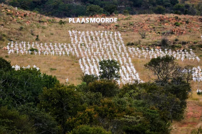 A view of crosses planted at the White Cross Monument, each one marking a white farmer who has been killed in a farm murder, is seen on a hillside in Ysterberg near Polokwane, South Africa, May 15, 2025.