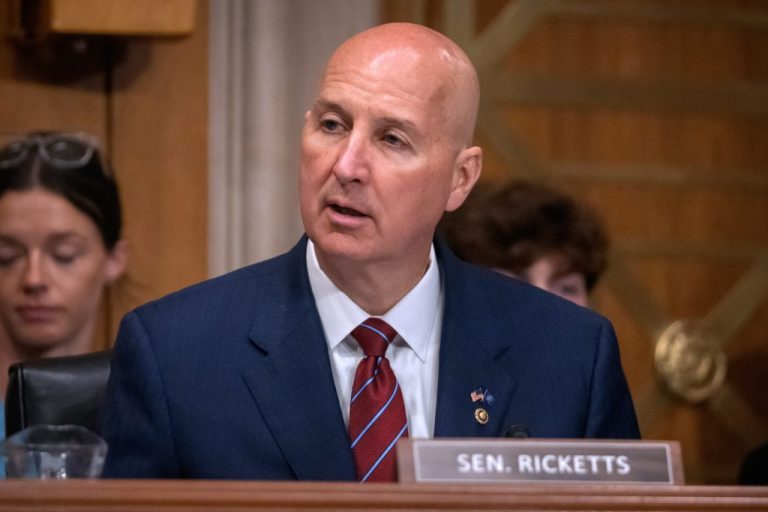 Sen. Pete Ricketts, R-Neb., speaks during a hearing of the Senate Committee on Environment and Public Works on Capitol Hill, Wednesday, July 16, 2025, in Washington. (AP Photo/Mark Schiefelbein)