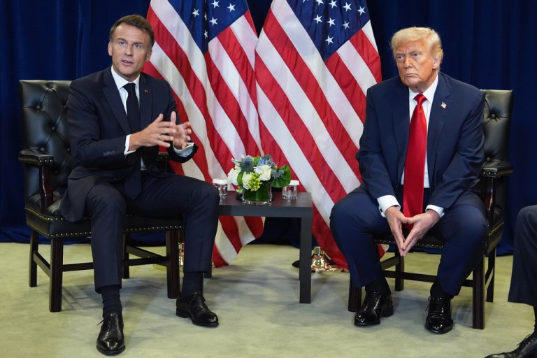 President Donald Trump meets with French President Emmanuel Macron, during the United Nations General Assembly, Tuesday, Sept. 23, 2025, in New York.