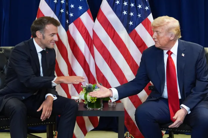 President Donald Trump meets with French President Emmanuel Macron, during the United Nations General Assembly, Tuesday, Sept. 23, 2025, in New York. 