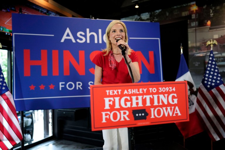 Rep. Ashley Hinson, R-Iowa, speaks during a campaign rally.