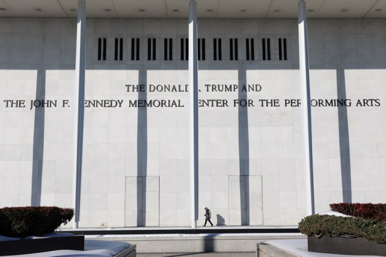 A woman walks outside The John F. Kennedy Memorial Center for the Performing Arts, Feb. 2, 2026 in Washington.