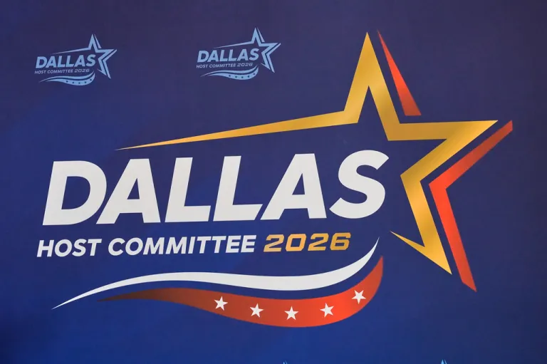 Dallas Host Committee signage with a big yellow and orange star around "DALLAS" is shown during a media walkthrough in Dallas, Aug. 5, 2026, ahead of the upcoming Republican National Convention.
