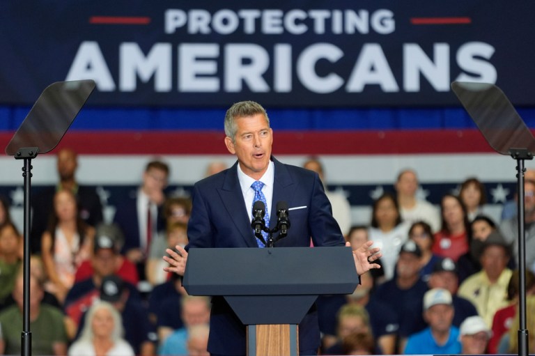 Transportation Secretary Sean Duffy speaking at podium