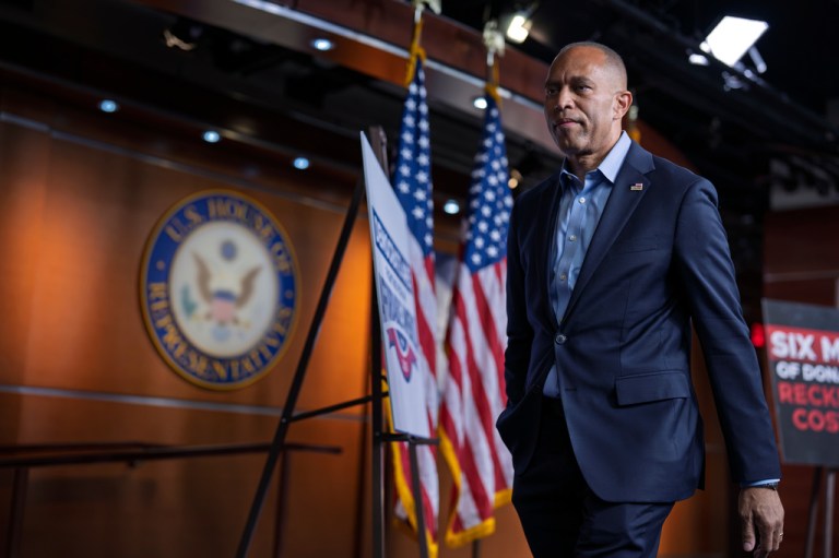 House Minority Leader Hakeem Jeffries, D-N.Y., leaves a news conference where he discussed the war with Iran and the cost of living as he speaks to reporters at the Capitol in Washington, Monday, Aug. 31, 2026. (AP Photo/J. Scott Applewhite)