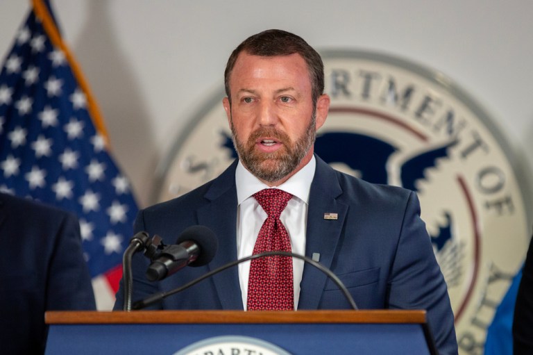 Homeland Security Secretary Markwayne Mullin speaks at a news conference with the DHS seal behind him in New York, Tuesday, Sept. 1, 2026.