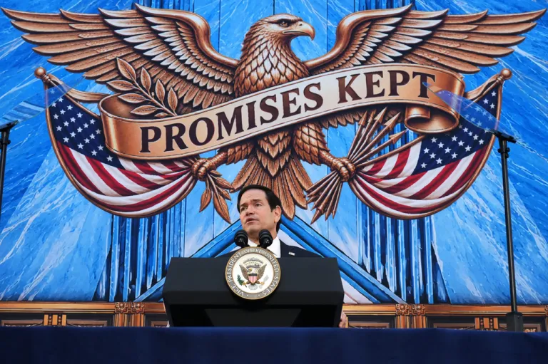 Secretary of State Marco Rubio, speaks during an event at the renamed Donald J Trump Institute of Peace.