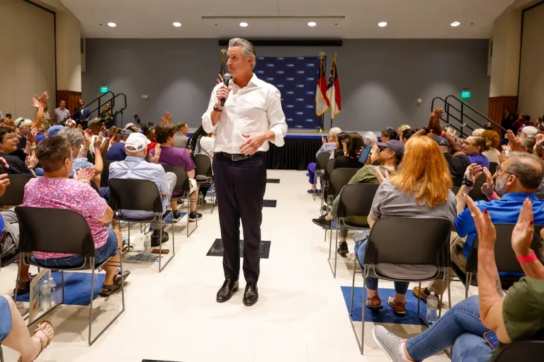 Gov. Gavin Newsom (D-CA) speaks at a rally Saturday, Sept. 5, 2026, in Monroe, North Carolina.