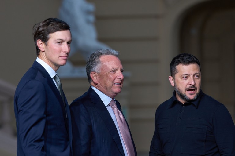 Ukraine's President Volodymyr Zelenskyy, right, stands with Steve Witkoff, center, and Jared Kushner.