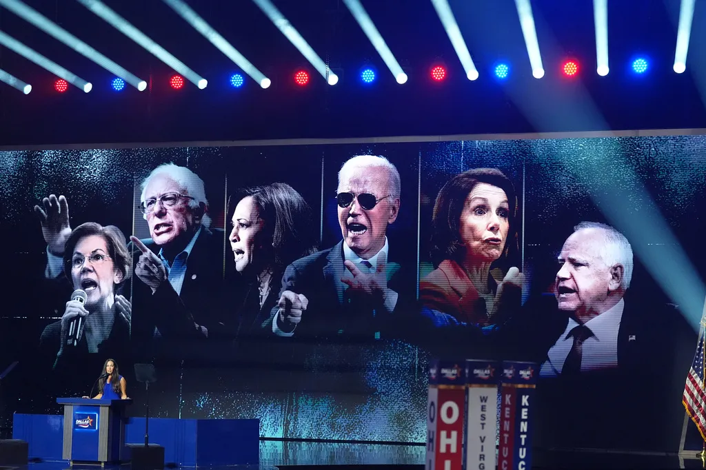 Unflattering photos of Democrats displayed behind former liberal voter