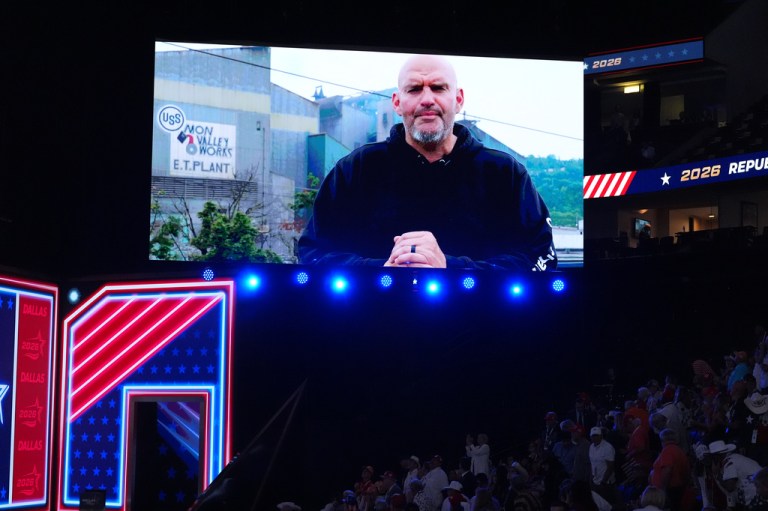 A video featuring Sen. John Fetterman (D-PA) plays at the Republican midterm convention.