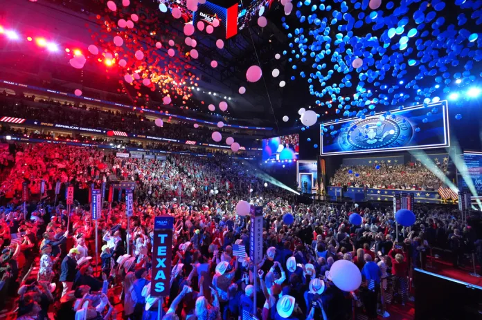 Balloons fall at the Republican convention.