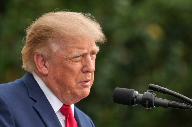President Donald Trump speaks into a microphone.