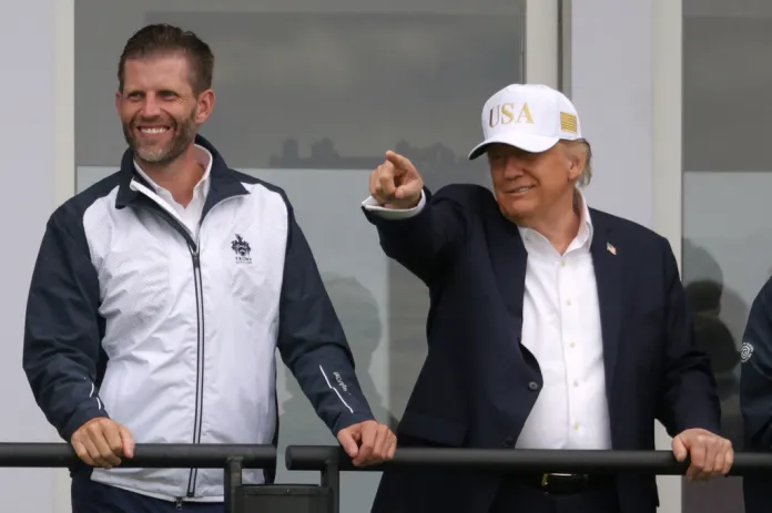 U.S. President Donald Trump and son Eric Trump watch the Irish Open at the Trump International Golf Links course in Doonbeg, Ireland.