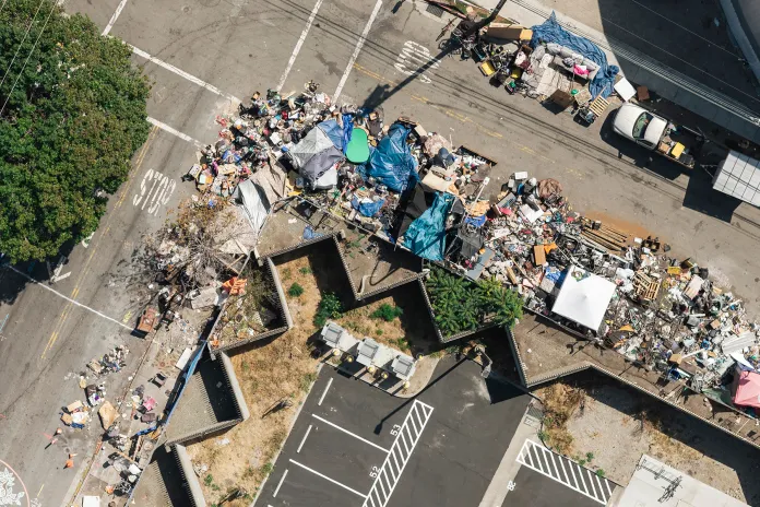 An aerial view of a homeless encampment along Harrison Street in Berkeley, Calif., is seen Tuesday, Sept. 15, 2026. (Stephen Lam/San Francisco Chronicle via AP)