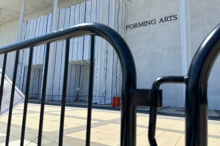 Barriers are placed outside the John F. Kennedy Center