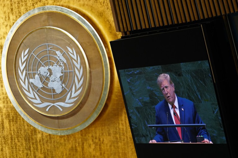 President Donald Trump is seen on a monitor as he speaks to the United Nations General Assembly.