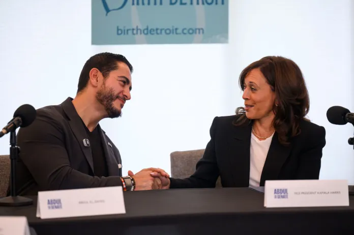 Senatorial candidate Abdul el Sayed, left, and former Vice President Kamala Harris, right, participate in a roundtable discussion about reproductive health.