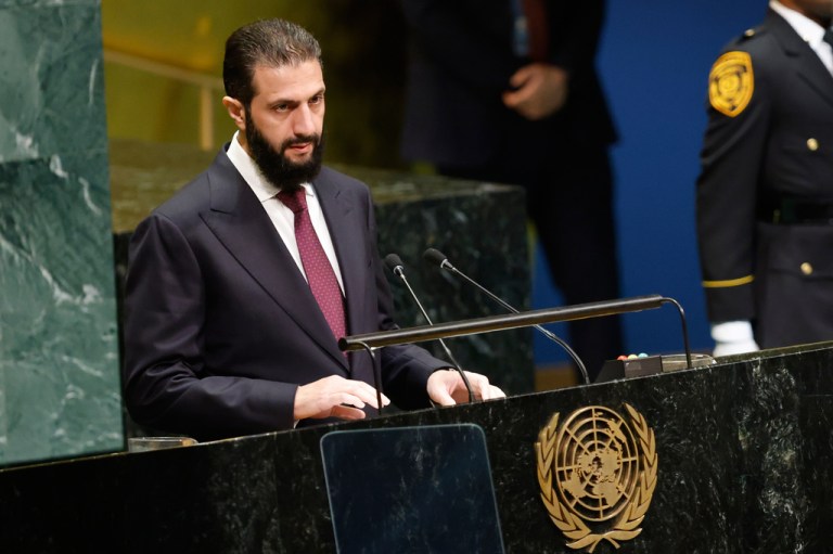 Syrian President Ahmed al Sharaa speaks during the 81st session of the United Nations General Assembly at United Nations headquarters, Wednesday, Sept. 23, 2026.