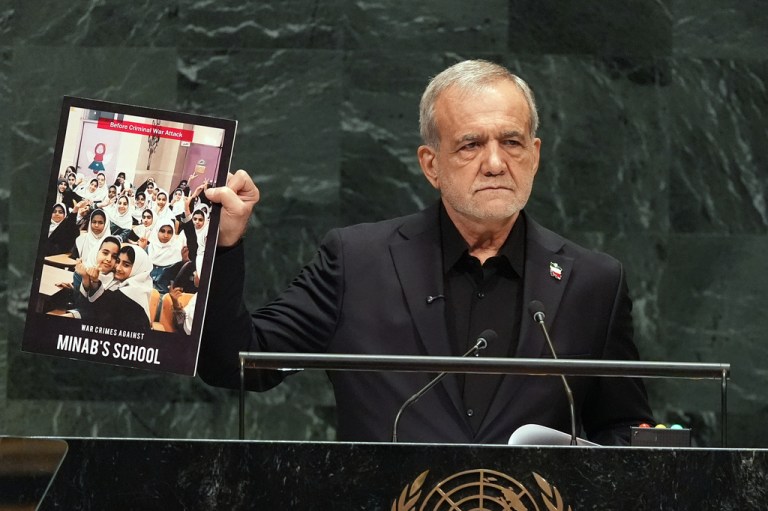 Pezeshkian holds up photos of children killed by US strikes at United Nations