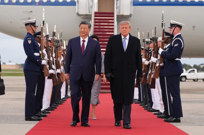 President Donald Trump and first lady Melania Trump walk with China's President Xi Jinping and his wife Peng Liyuan at Joint Base Andrews, Md., Wednesday, Sept. 23, 2026.(AP Photo/Alex Brandon)