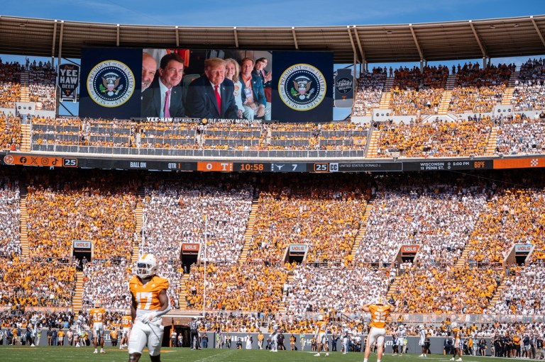 President Donald Trump is displayed on the scoreboard as he attends the Tennessee-Texas NCAA college football game in Knoxville, Tenn., Saturday, Sept. 26, 2026. (Sara Diggins/The San Antonio Express-News via AP)