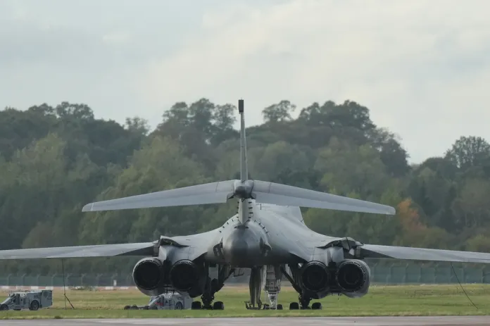 United States Airforce B1 bombers are seen at RAF Fairford, a US Airbase, after an incident in Fairford, England, Sunday, Sept. 27, 2026.